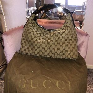 Auth Gucci Horsebit Large Grey Canvas Hobo Bag